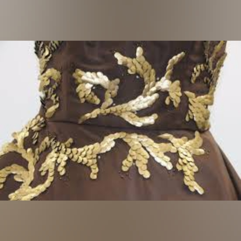 $16,000 OSCAR DE LA RENTA GOLD BEAD EMBROID BROWN SILK RUNWAY GOWN 4 - Picture 5 of 12